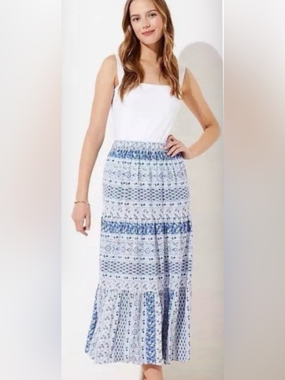 Loft blue and white printed tiered maxi skirt. NWOT